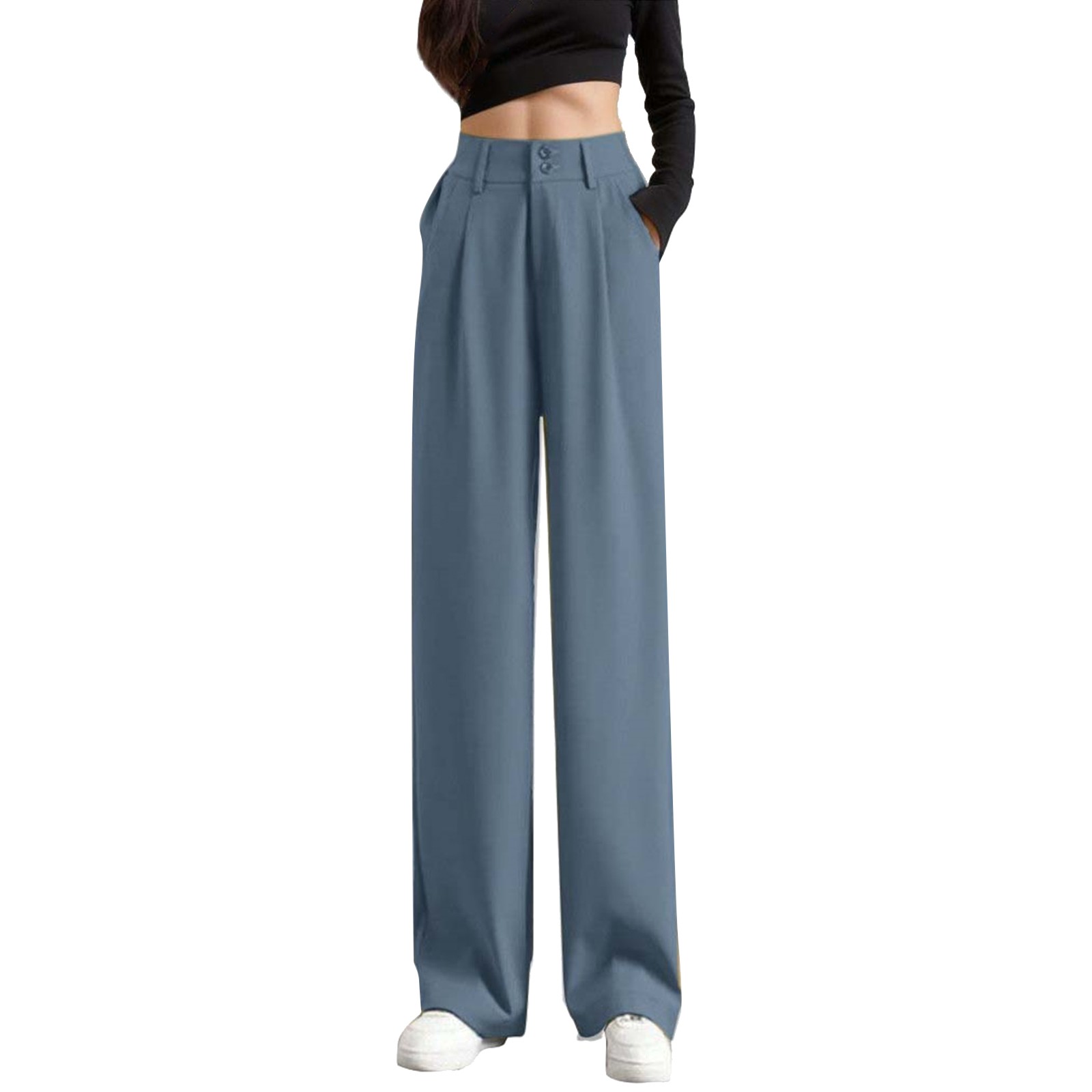 thumbnail image 2 of Pantalones de mujer de cintura alta y pierna ancha - Pantalones de trabajo elásticos por detrás para el verano, 2 of 5